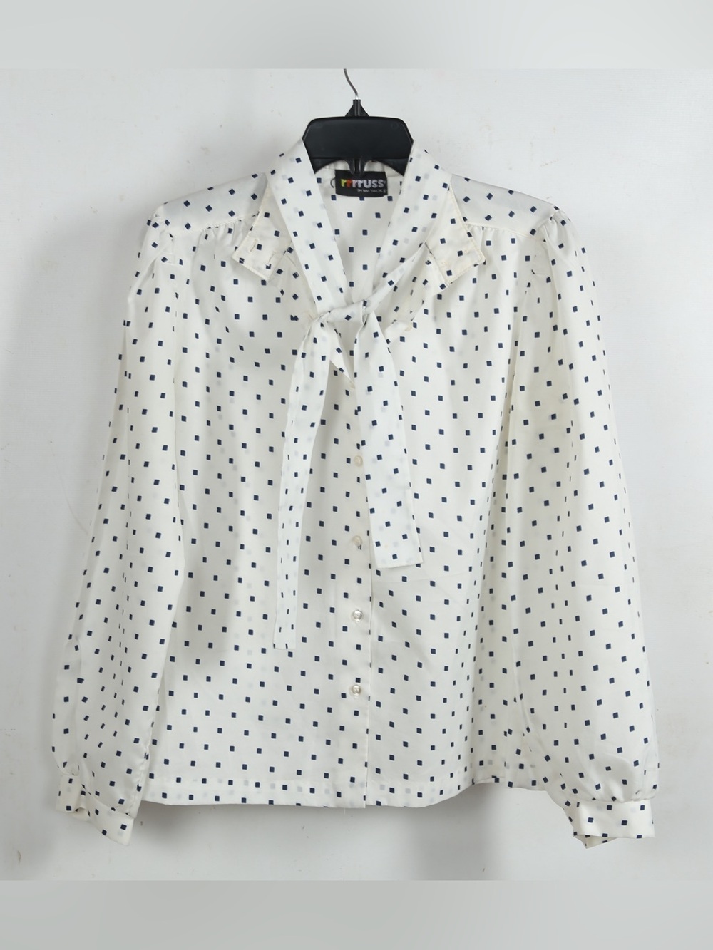 Russ White Tie-Neck Blouse with Navy Square Print